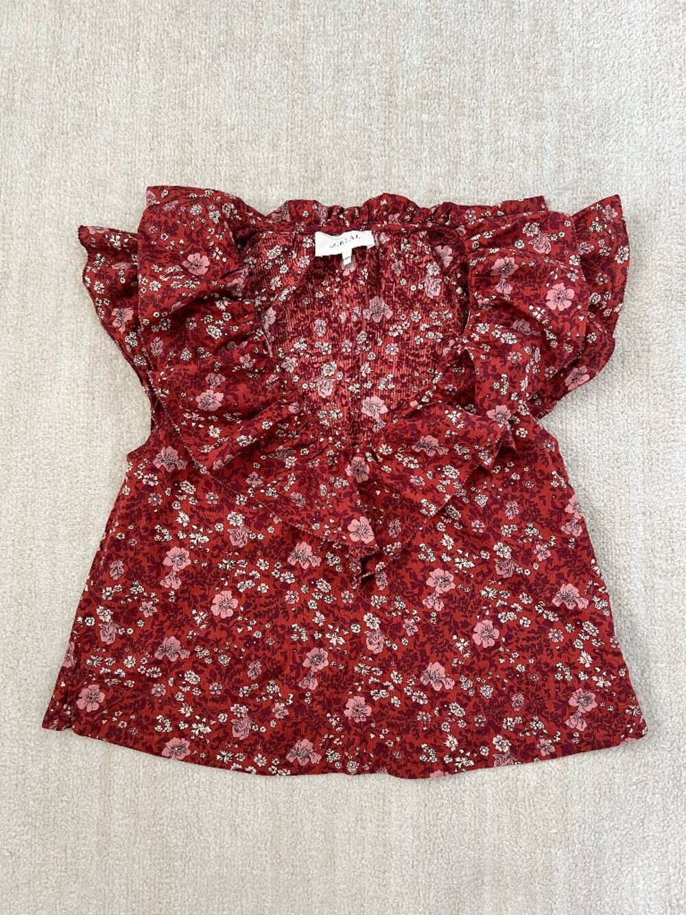 The Great. Topiary Top Spice Mesa Floral Ruffle Blouse Red Size 2 / M Cotton
